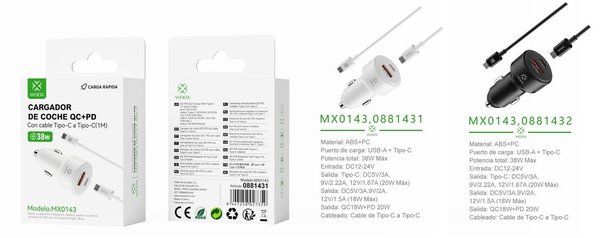 Woox 0881431 0881432 Mx0143 Cargador Coche Pd18W+Qc20W Cable C-C