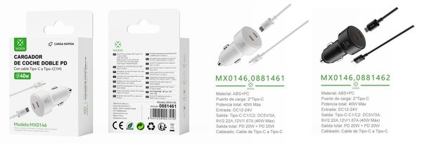 Woox 0881461 0881462 Mx0146 Cargador Coche Pd+Pd Cable C-C 20W
