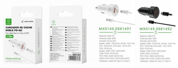 Woox 0881491 0881492 Mx0149 Cargador Pd*2+Qc Cable C-C 20W