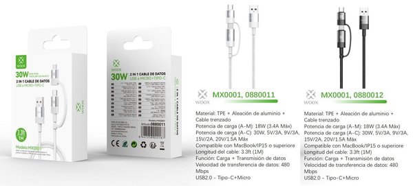 Woox 0880011 Mx0001 Cable 2 En 1 USB A Micro USB+Type-C 1M*