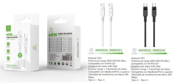 Woox 0880241 Mx0024 Cable Type-C A Type-C 60W 3M