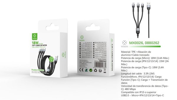 Woox 0880262 Mx0026 Cable 3 En 1 USB A Micro+Type-C+Lightnin