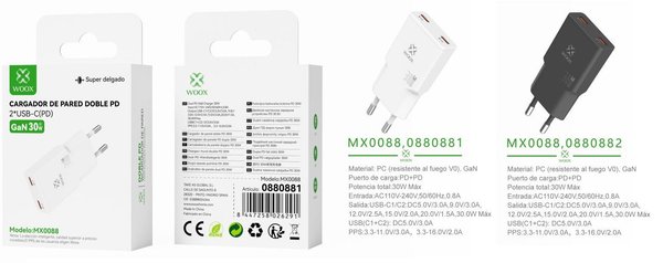 Woox 0880881 Mx0088 Adaptador Ue Pd+Pd Gan 30W