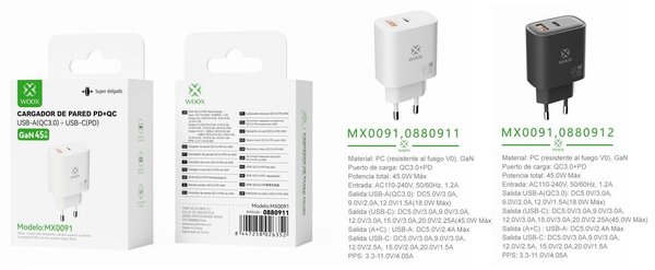 Woox 0880911 Mx0091 Adaptador Ue Qc+Pd Gan 45W