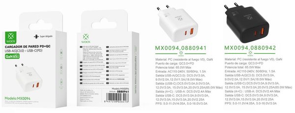 Woox 0880942 Mx0094 Adaptador Ue Qc+Pd Gan 65W