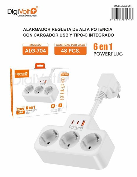 Digivolt Alg-704 Alargador Regleta 6 E 1 Enchufa Y Cargador