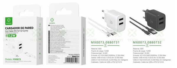 Woox 0880731 0880732 Mx0073 Cargador Doble USB A Lightning