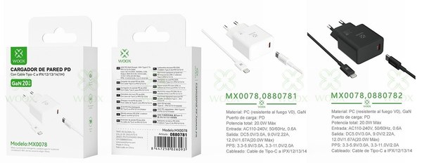 Woox 0880781 0880782 Mx0078 Cargador Gan Pd Unico C-Lightning