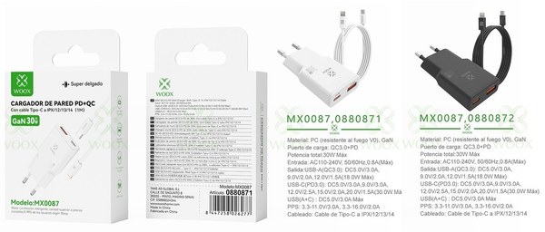Woox 0880871 0880872 Mx0087 Cargador Gan Qc+Pd C-Lightning