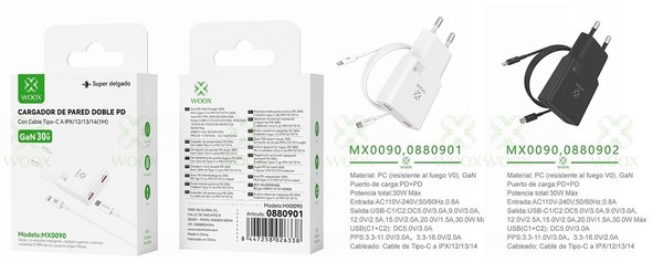 Woox 0880901 0880902 Mx0090 Cargador Gan Pd+Pd C-Lightning