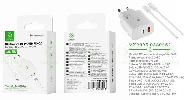 Woox 0880961 Mx0096 Cargador Gan Qc+Pd C-Lightning 65W