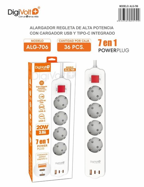 Dgv Alg-706 Alargador Regleta 7 En 1 Enchufe Y Cargador