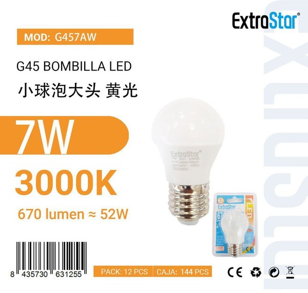Extrastar Ag457Aw Bombilla LED G45 7W E27