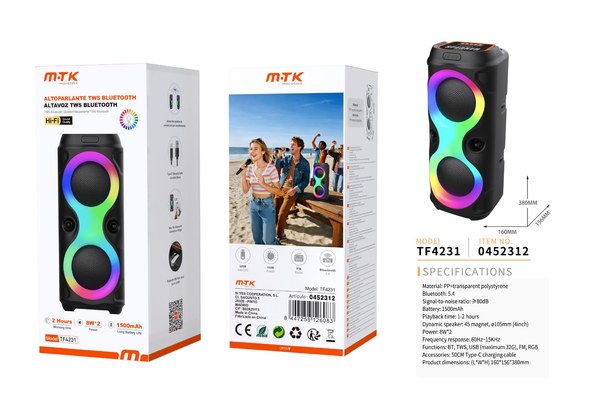 Mtk 0452312 Tf4231 Altavoz Tws RGB Con Sonido Bateria 1500Mh